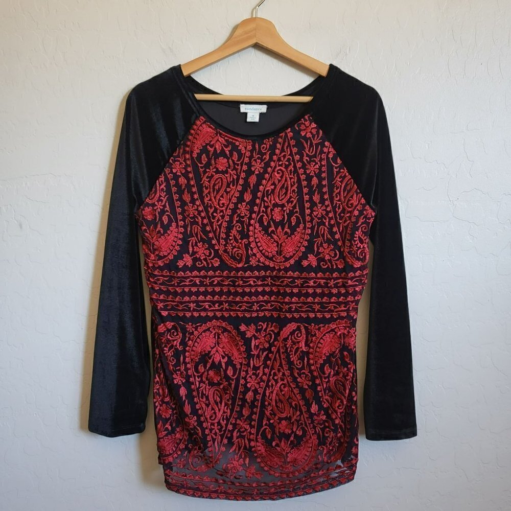 Sundance Embroidered Mesh Enchantress Velvet Top Black/Red Size Women's Medium